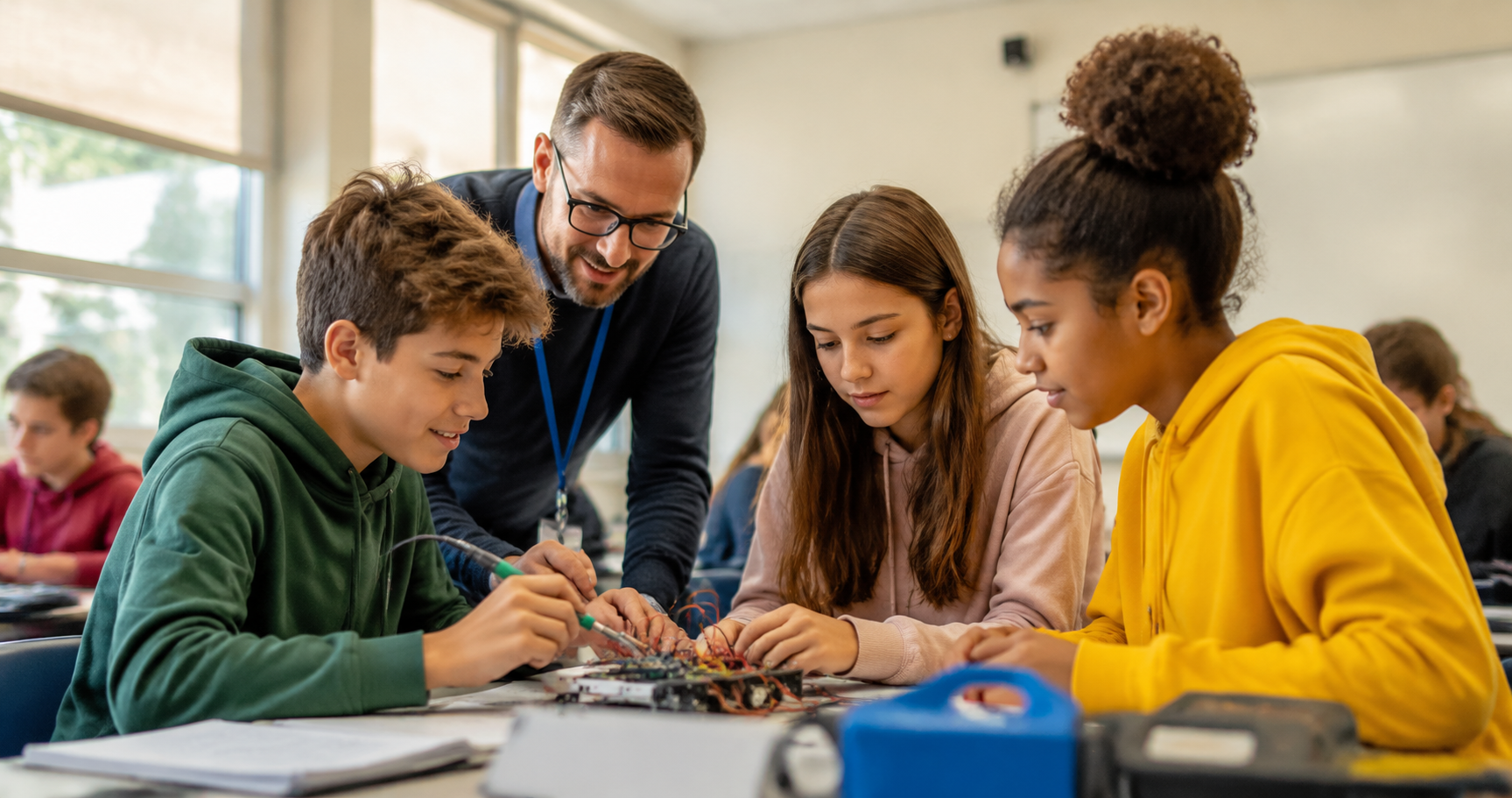 Illustrative photo of students doing hands-on classroom work with a teacher