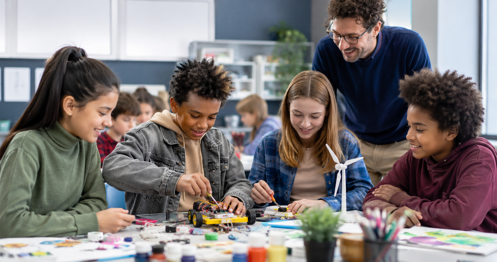 Illustrative photo of students collaborating on a STEAM classroom project